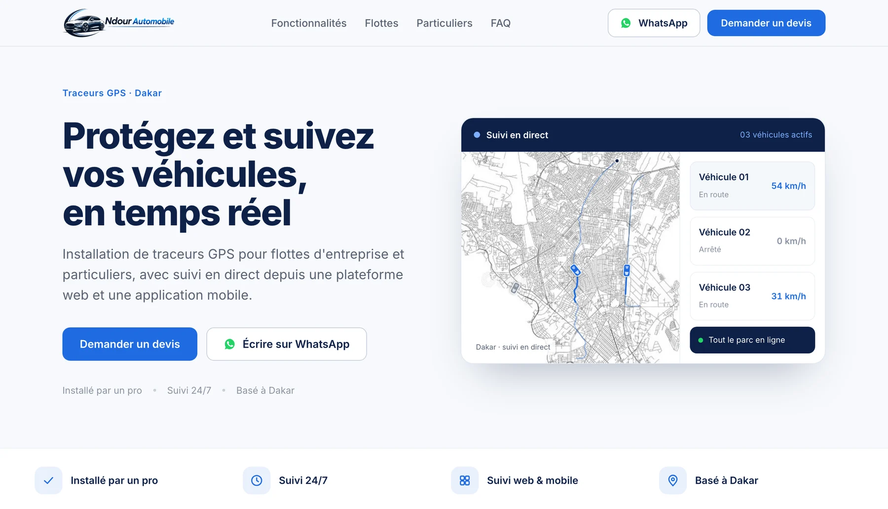 Le site vitrine de Ndour Automobile, avec son tableau de suivi de véhicules sur une carte de Dakar