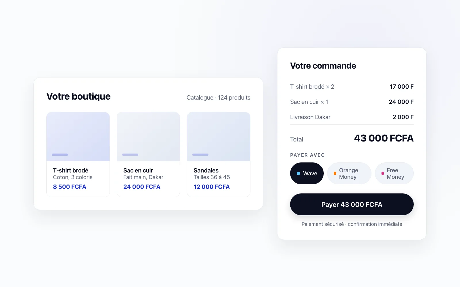 Illustration d'une boutique en ligne : catalogue de produits en FCFA et commande payée avec Wave, Orange Money ou Free Money