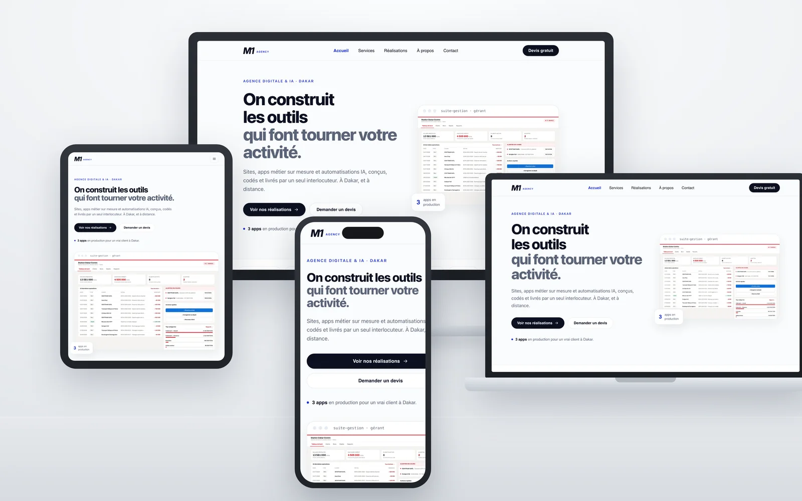 Le site M1 Agency sur quatre écrans différents